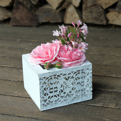 Vintage Glas Windlicht mit Metall Ornament Wei Shabby