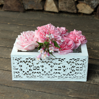 Vintage Windlicht mit Metall Ornament Wei shabby 22 x 12 cm; Hhe 9 cm