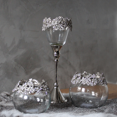 Strass Teelichthalter Metall Glas mit Stiel Silber