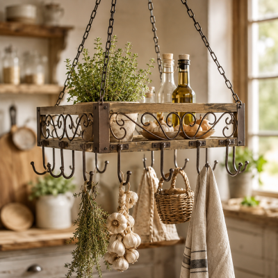 Hängekorb mit 14 Haken aus Holz & Metall im Landhausstil