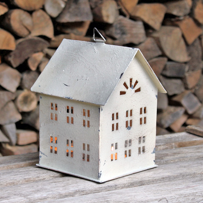 Teelichthaus Lichthaus Metall Shabby Cremef Wei