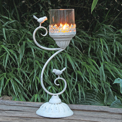 Großer Vintage Kerzenständer Windlicht Shabby Weiß Vogel
