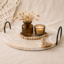 Chic Antique Mangoholz Tablett Ø 41 cm mit Schnitzereien und Metallgriffen